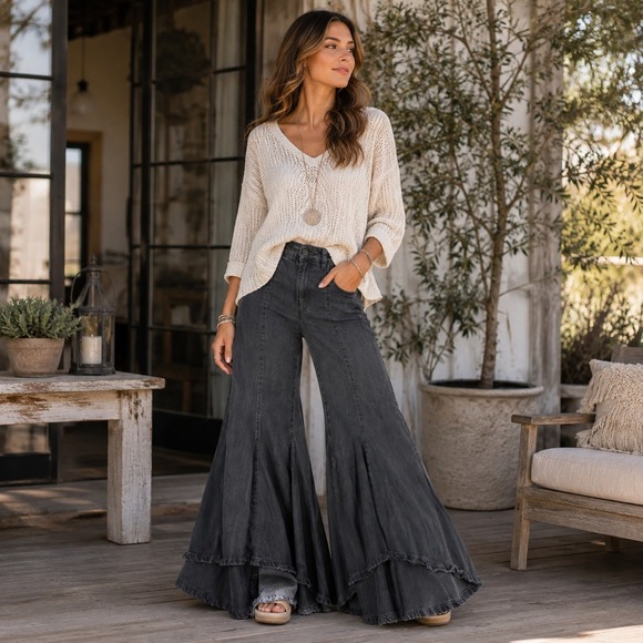 Pilcro and the Letterpress Denim - Pilcro Wide Leg Jeans Womens 4 Gray Cotton Blend Boho Flare High Low Hem Denim
